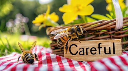Bees on Picnic Blanket with "Careful" Sign