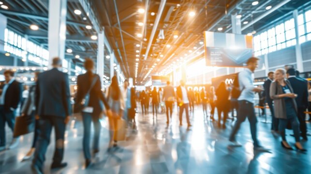 A busy trade show hallway filled with attendees walking in different directions, some stopping to talk or look at displays. The space is bright and modern, with high ceilings and large windows.