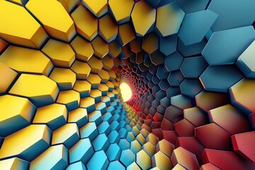 Abstract Background, a complex 3D lattice of hexagonal prisms in a striking palette of yellow, blue, and red