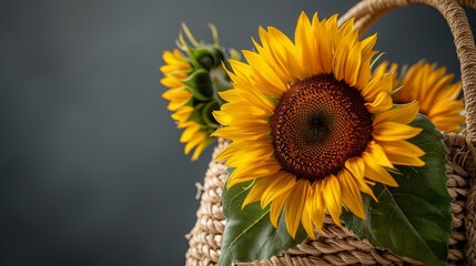 Fototapeta premium Detailed shot of a sunflower-adorned straw bag, isolated on a dark gray background. Focus on vibrant colors, clear and high-quality image