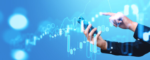 Businessman using phone in hand, finger touch stock market forex hologram