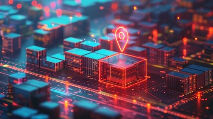 Digital location pin icon, container ship at busy shipping dock, intricate cargo containers, cyberspace elements, vibrant clarity
