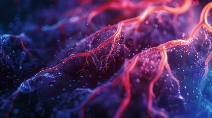 Obraz premium Digital representation of plant roots with visible moisture, integrated into a cyberspace background, highlighting detailed textures and vibrant hues