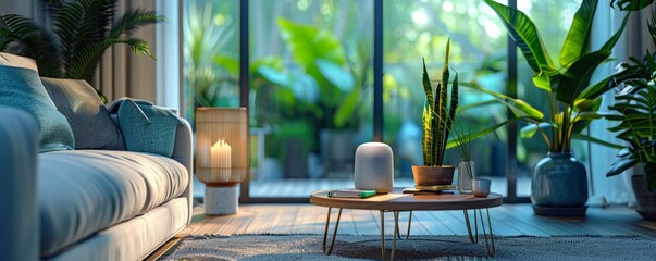 Fototapeta premium A smart speaker placed on a wooden table on a modern interior background. Smart speaker at home, smart device concept, Smart Home and Automation.