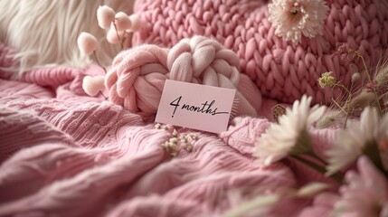 Card with the inscription 4 month lies on the bed with pink bedding in honor of the child's birthday. Four month old little girl baby. A postcard with congratulations for the parents of a small child.