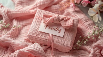 Card with the inscription 4 month lies on the bed with pink bedding in honor of the child's birthday. Four month old little girl baby. A postcard with congratulations for the parents of a small child.