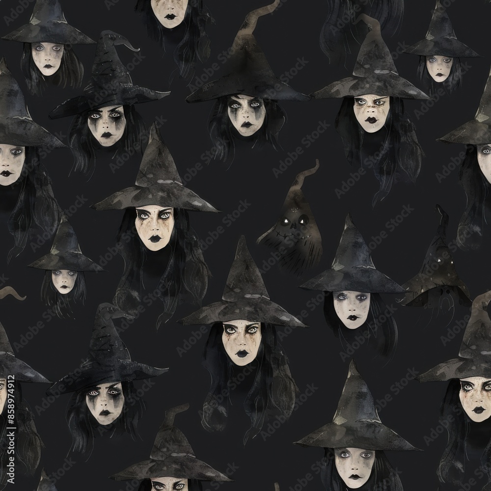 Aufkleber This image features a repeating pattern of watercolor illustrations of witch faces wearing black pointed hats. The background is a dark black, giving the image a spooky and mysterious feel. Each witch