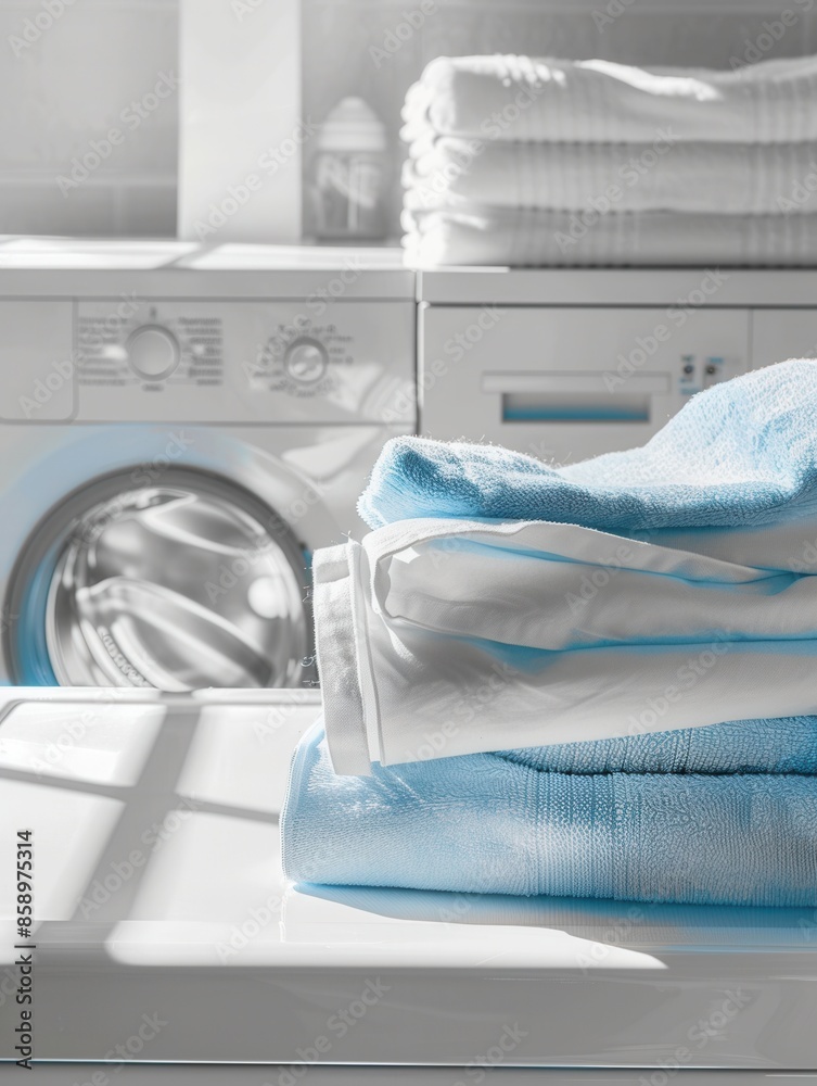 Poster a stack of blue towels sits neatly folded on the top of a white washing machine, showcasing a clean 