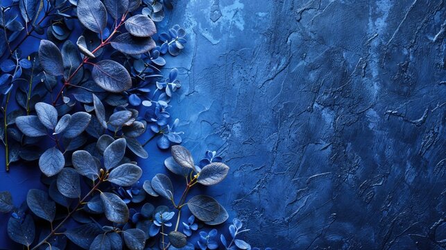 Ornamental Blue Leaves on Textured Blue Background