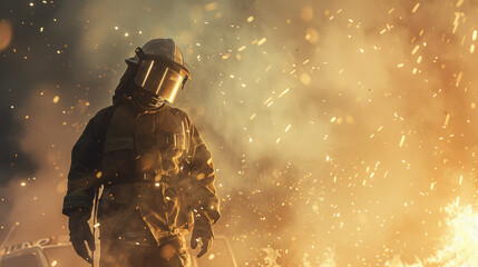 Fototapeta premium A firefighter in full gear stands resilient amidst a fiery scene, with sparks flying and an intense, smoky atmosphere enveloping the background.
