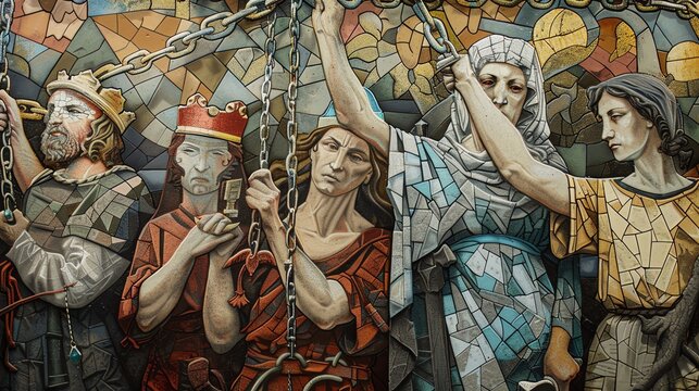 A heavily symbolic illustration in the style of medieval religious frescoes