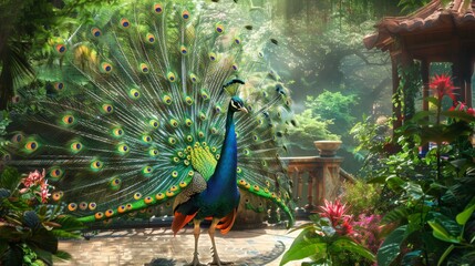 Obraz premium Peacock Displaying its Feathers in a Lush Garden.