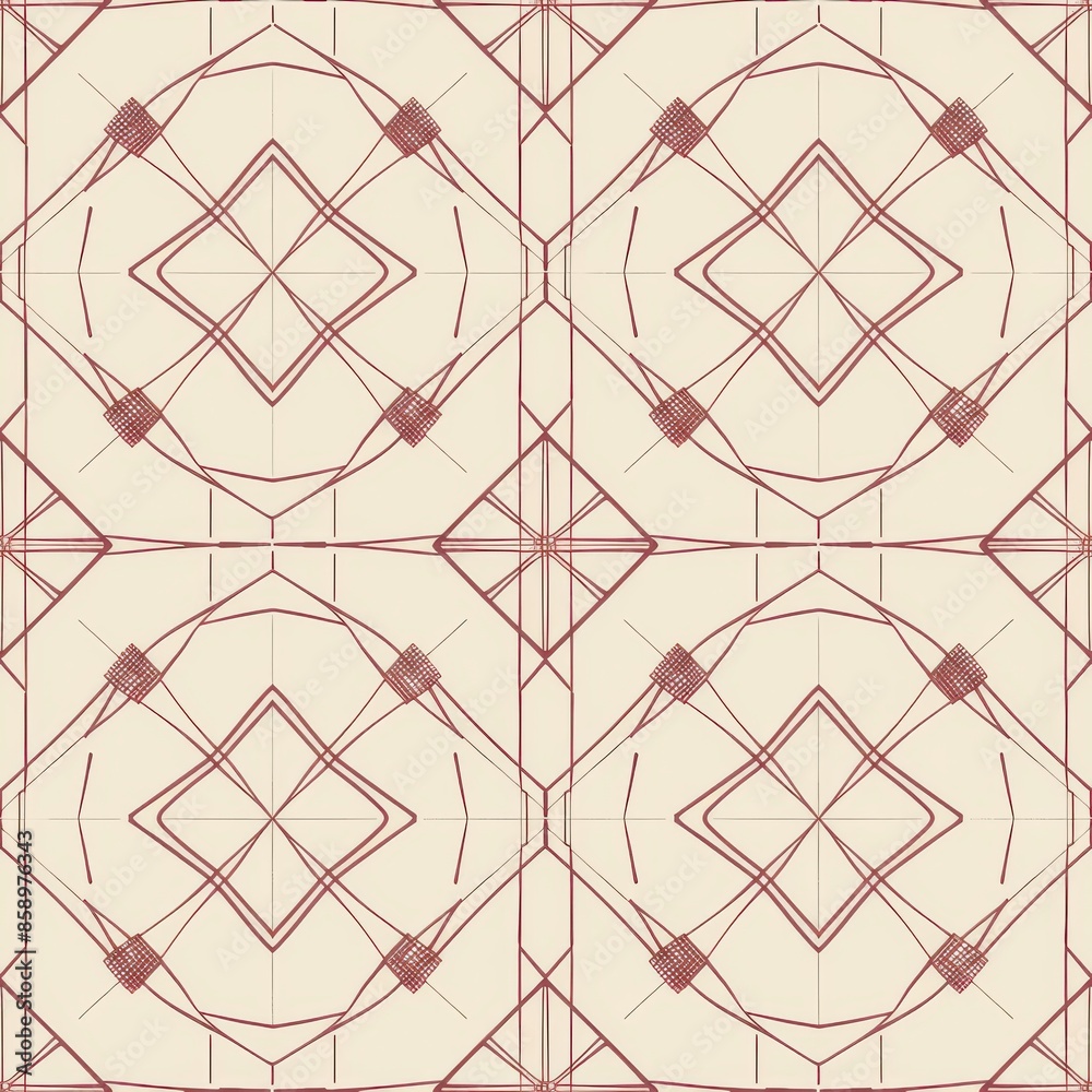 Leinwandbilder This image displays a seamless geometric pattern featuring intricate red lines forming a repeating diamond shape design on a white background. The design is symmetrical and creates a visually appealin