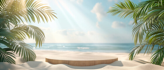 Obraz premium Beach podium summer background sand product 3D sea display platform empty podium copyspace banner stand scene sale sky holiday vacation stage water island sun travel pedestal promotion presentation ad
