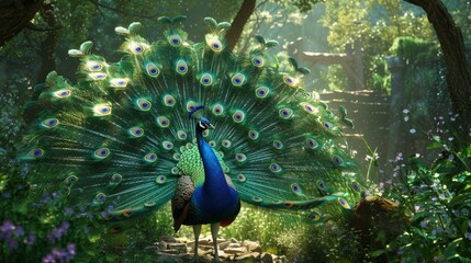 Obraz premium Majestic Peacock in a Lush Forest.