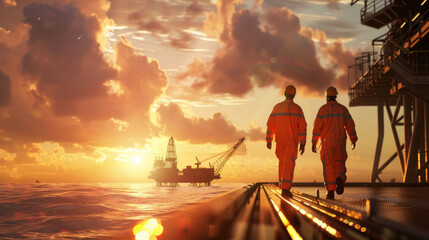 Two workers in bright orange overalls walk along an oil rig at sunset, symbolizing the end of a hard day's work at sea.