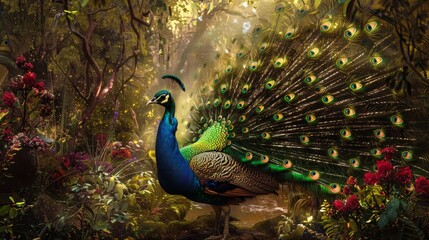 Obraz premium Majestic Peacock in Enchanted Forest.