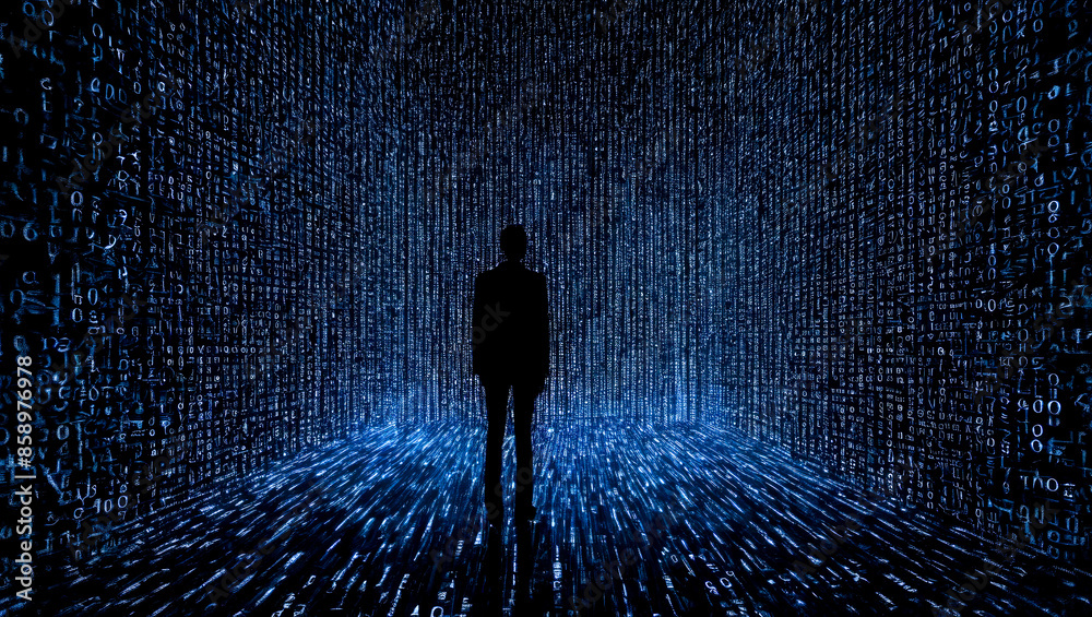 Poster silhouette of person standing amidst glowing blue digital data streams. represents technology, cyber
