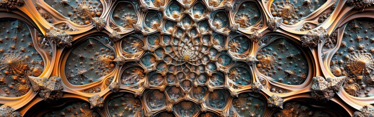 A digitally generated image depicting an abstract spiral pattern. The image is composed of intricate details, with orange and blue hues dominating the color palette. The spiral is centered, and the in