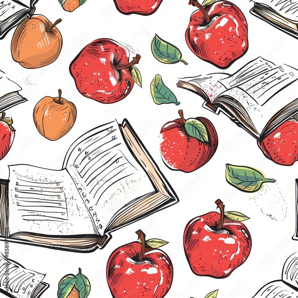 Poster A colorful seamless pattern featuring hand-drawn red apples and open books. The pattern is set against a white background. The apples are depicted with a simple, yet detailed style, while the books ar