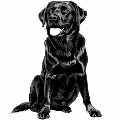 A black and white drawing of a labrador retriever dog