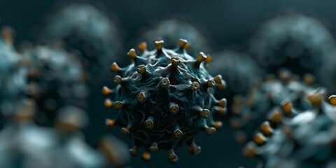 Close-up image of a single-celled virus with a spiky protrusion. The spiky protrusion allows the virus to attach to other cells. The nucleus is responsible for the virus's ability to reproduce. AI gen