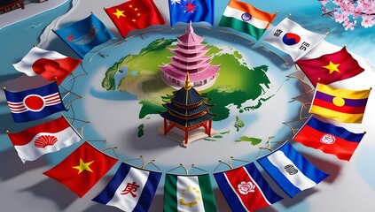 Fototapeta premium Vibrant 3D Scene of Asian Flags Celebrating Cultural Richness