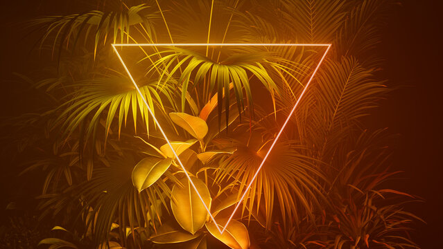 Cyber Background Design. Tropical Plants with Orange and Yellow, Triangle shaped Neon Frame.