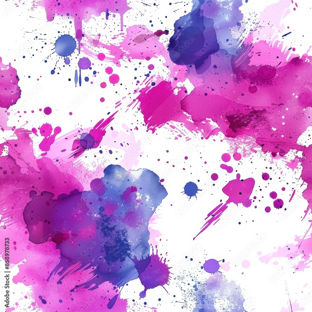 Poster This image features a white background with abstract watercolor splashes in shades of pink, purple, and blue. The splashes are randomly distributed across the image, creating a vibrant and dynamic pat