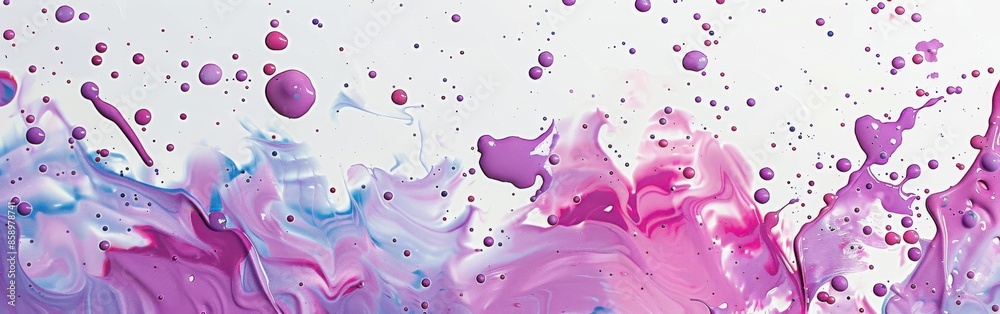 Poster a close-up photograph of pink and purple paint splatters and swirls on a white background. the paint