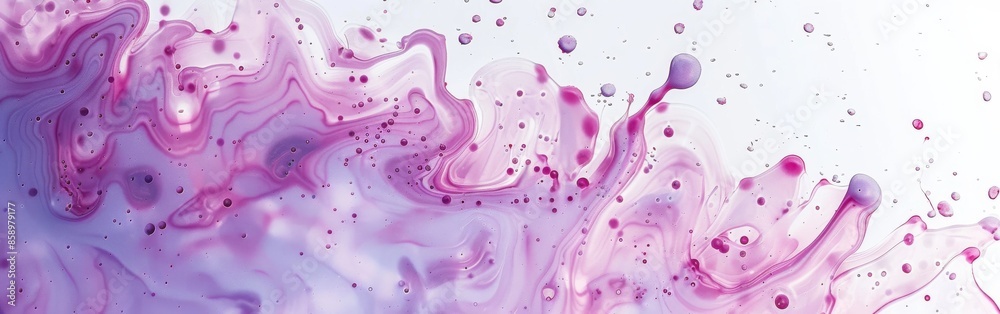 Poster a close-up photograph of a purple and white abstract painting featuring swirls, bubbles, and speckle