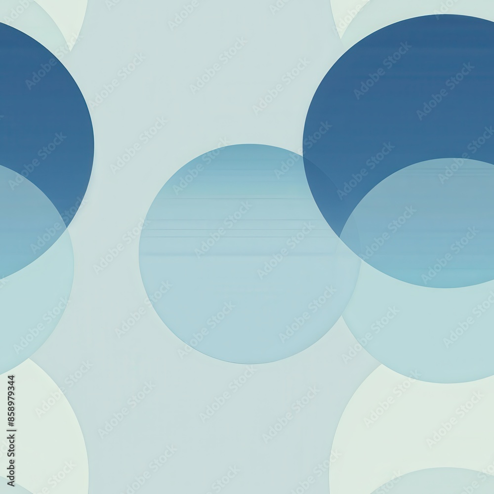 Poster This image features an abstract pattern of overlapping circles in shades of blue and green on a light blue background. The circles are arranged in a seemingly random pattern, creating a sense of depth