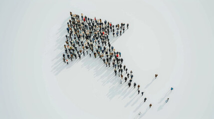 A group of people forms the shape of an arrow on a vast white surface, symbolizing unity and direction.