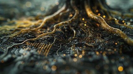 Close-up of plant roots intertwined with digital circuits, showcasing moisture and intricate textures, with high emphasis on color and quality