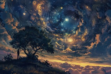 a painting of a night sky with stars and a tree