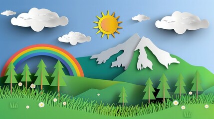 Green nature landscape scenery with mountain, rainbow, sun and clouds in paper cut style. Digital craft paper art.