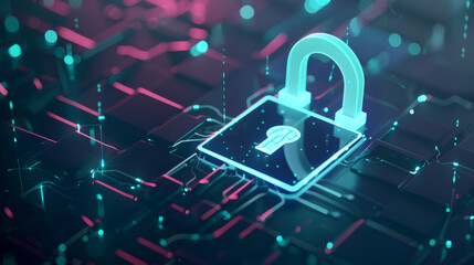 A futuristic digital padlock sitting on a glowing network grid signifies advanced cybersecurity and data protection technological advancements.