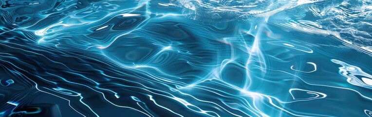 Fototapeta premium This image shows a close-up of the surface of a swimming pool on a bright, sunny day. The blue water is rippling and creating an interesting pattern of light and dark.
