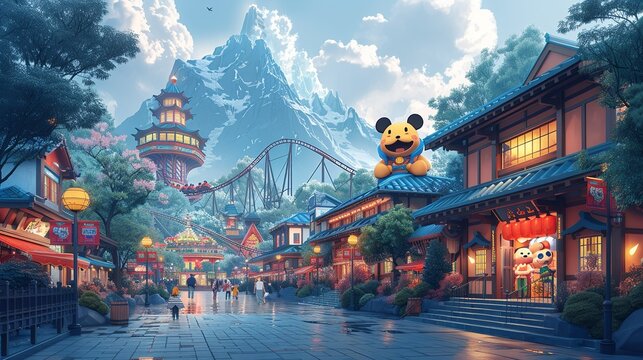 Illustrate a family visiting a theme park. Include roller coasters, character mascots, and excited faces as they enjoy various rides and attractions. Illustration, Minimalism,