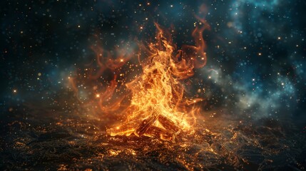 Cosmic space background featuring a fragmented bonfire, flames merging with constellations, an enchanting digital artwork