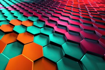 Naklejka premium Abstract Background, a sleek 3D honeycomb pattern in tetradic shades of red, teal, orange, and purple, with precise geometric alignment and vivid contrasts,