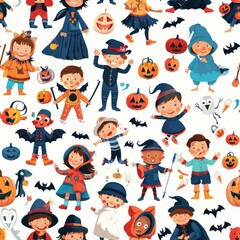 A vibrant, seamless pattern showcasing children in various Halloween costumes. The design features a diverse group of kids dressed as witches, vampires, ghosts, and more. There are also pumpkins, bats