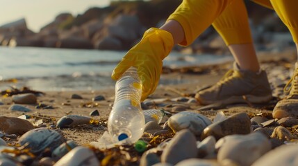 Volunteer collects plastic waste on the beach, clean up seashore, eco and Environment
