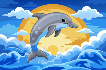 A gray dolphin jumping out of the blue ocean water against a cloudy sky background
