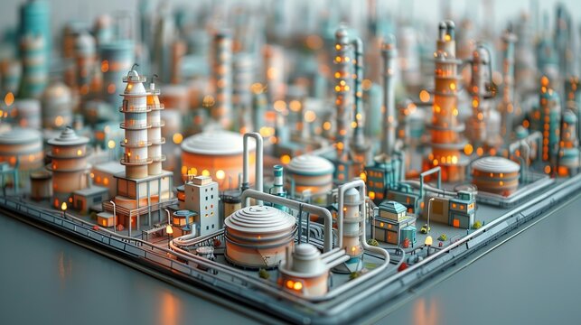 Artistic paper craft representation of an oil refinery, showcasing large storage tanks, pipelines, and machinery, set against a vibrant cityscape with busy streets and cutting-edge technology.