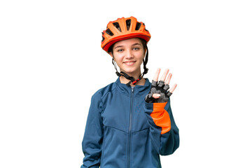 Teenager cyclist girl over isolated chroma key background happy and counting four with fingers