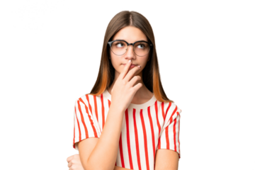 Teenager girl over isolated chroma key background With glasses and having doubts