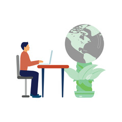 A boy is working about ecology on laptop