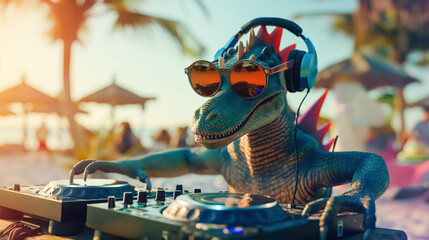 Dragon Wearing Brown Sunglasses, Headphones, Mixing Music At Beach Party
