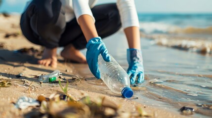 Volunteer collects plastic waste on the beach, clean up seashore, eco and Environment